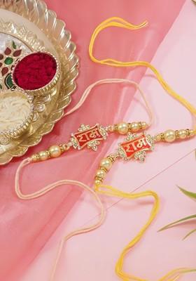 Set Of 2 Ram Stone Studded And Pearls Beaded Thread Rakhis With Roli Chawal