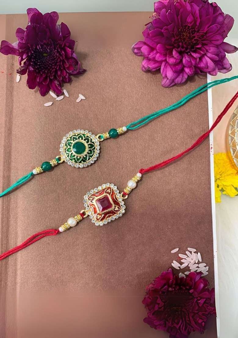 Set Of 2 Kundan Studded And Pearls Beaded Thread Rakhis With Roli Chawal - Indya
