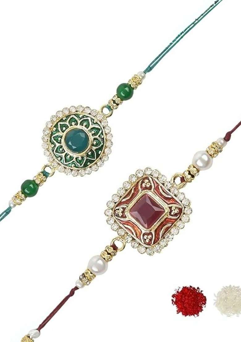 Set Of 2 Kundan Studded And Pearls Beaded Thread Rakhis With Roli Chawal - Indya