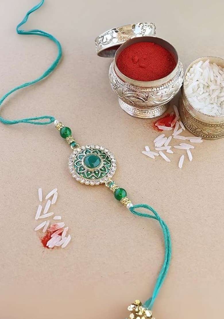 Set Of 2 Kundan Studded And Pearls Beaded Thread Rakhis With Roli Chawal - Indya