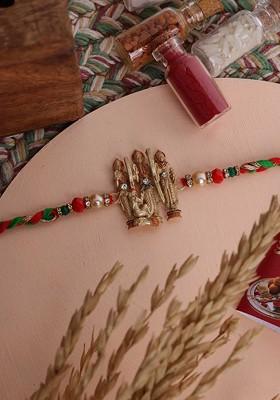 Gold Plated Temple Shaped Bhaiya Bhabhi Rakhis With Roli Chawal