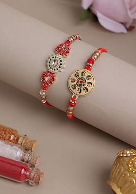 Gold Plated Set Of 2 Bead And Stone Studded Bhaiya Bhabhi Rakhis With Roli Chawal