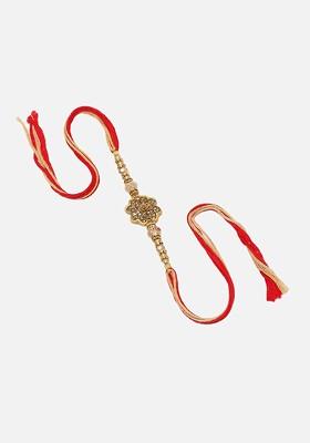 Flower Meenakari Stone Studded And Beaded Thread Rakhi With Roli Chawal