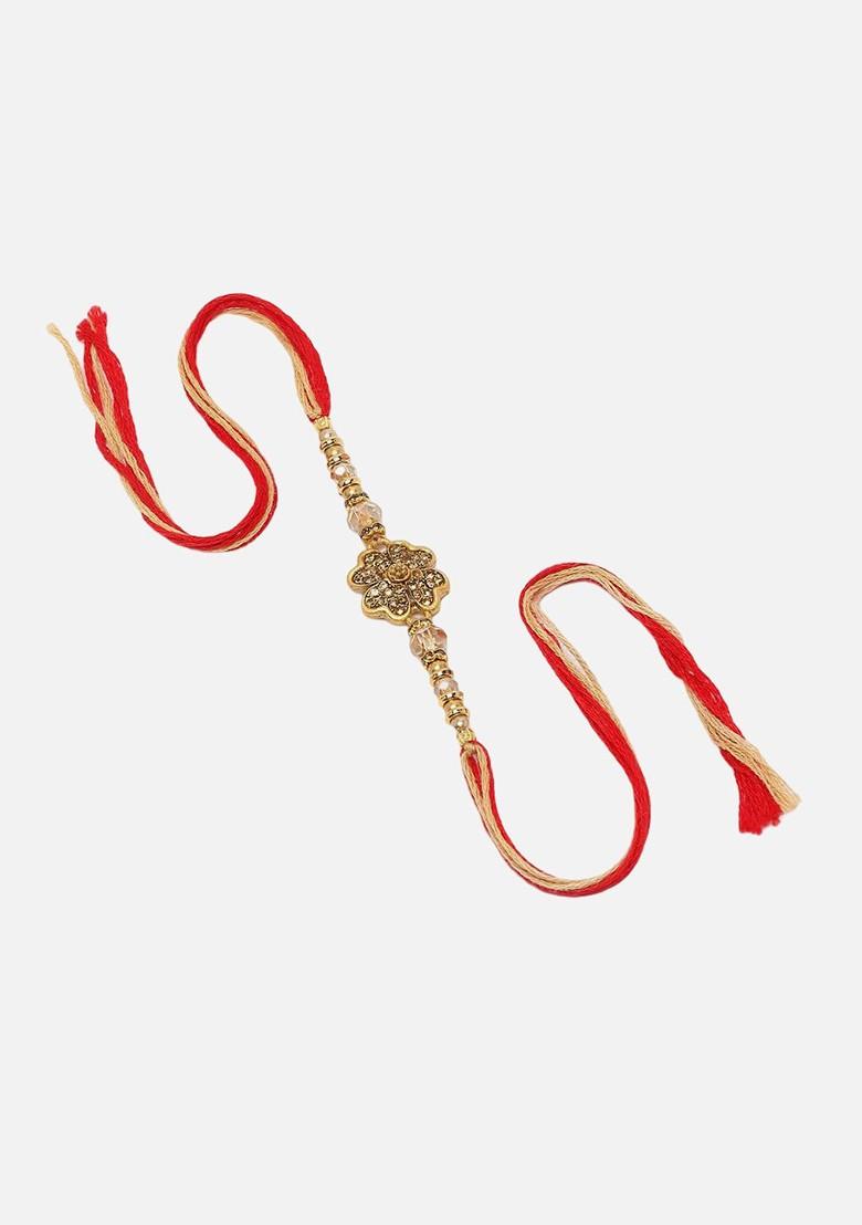 Flower Meenakari Stone Studded And Beaded Thread Rakhi With Roli Chawal - Indya
