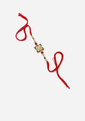 Red Kundan Stone Studded And Beaded Thread Rakhi