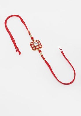 Kundan Studded And Beaded Thread Rakhi With Roli Chawal
