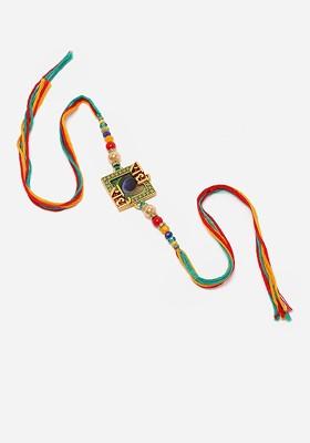 Radhe Radhe Stone Studded And Beaded Thread Rakhi With Roli Chawal