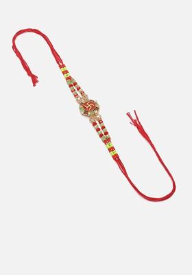 Stone Studded And Beaded Thread Rakhi With Roli Chawal