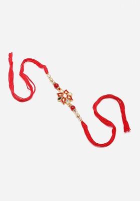 Kundan Studded And Beaded Thread Rakhi With Roli Chawal