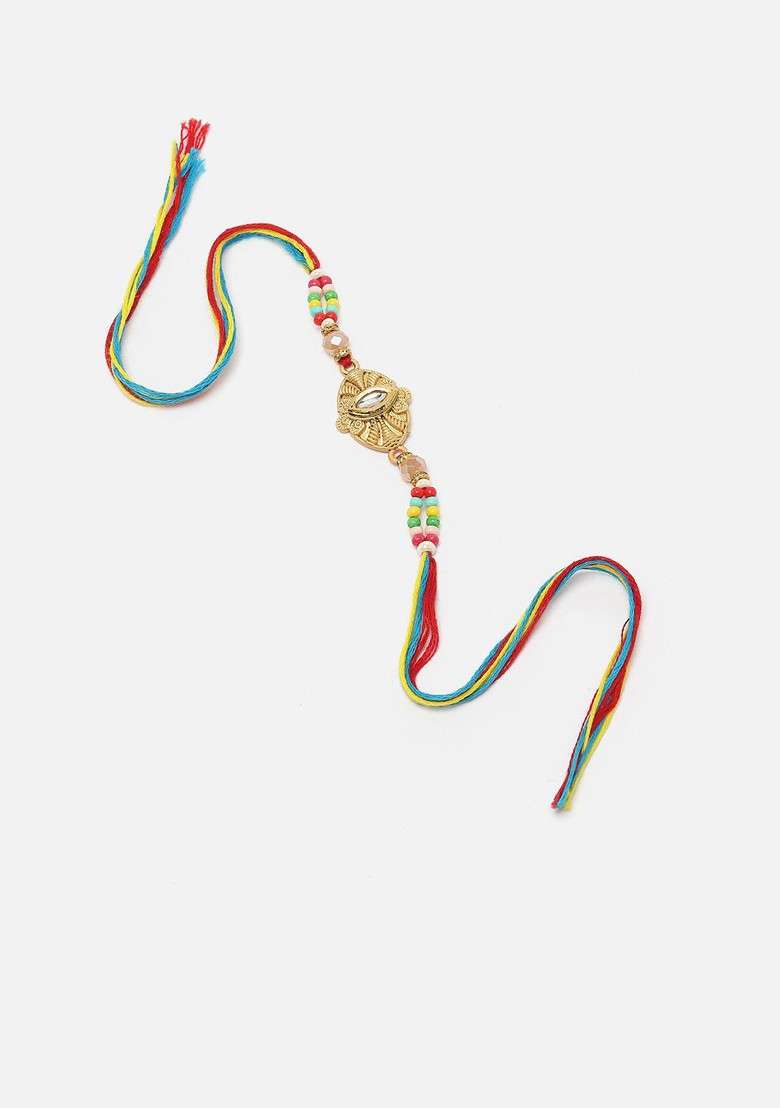 Kundan Studded And Beaded Thread Rakhi With Roli Chawal - Indya