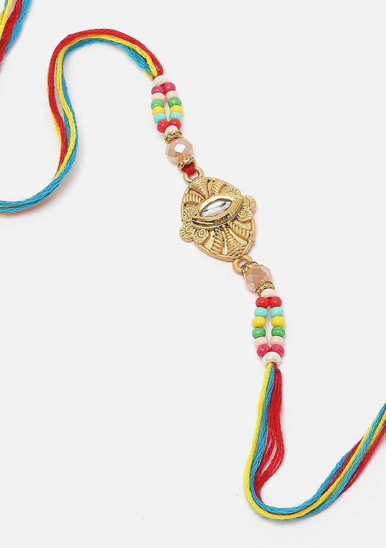 Kundan Studded And Beaded Thread Rakhi With Roli Chawal - Indya
