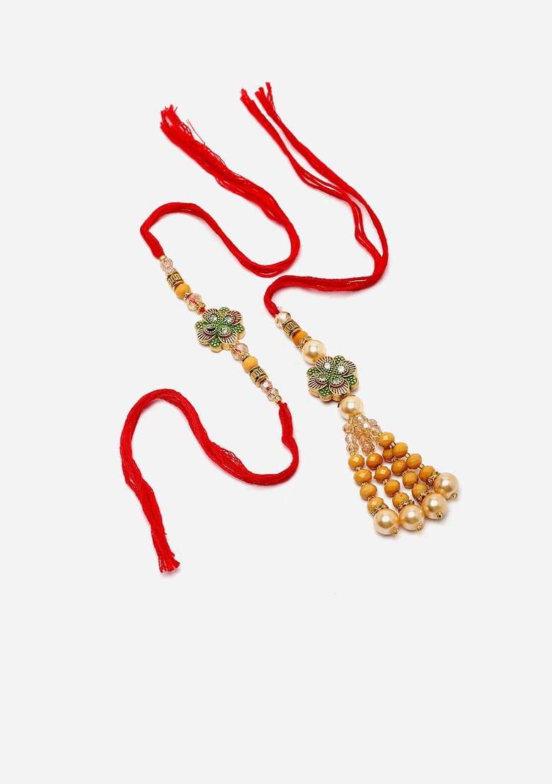Set Of 2 Kundan Studded And Beaded Thread Rakhi With Roli Chawal - Indya