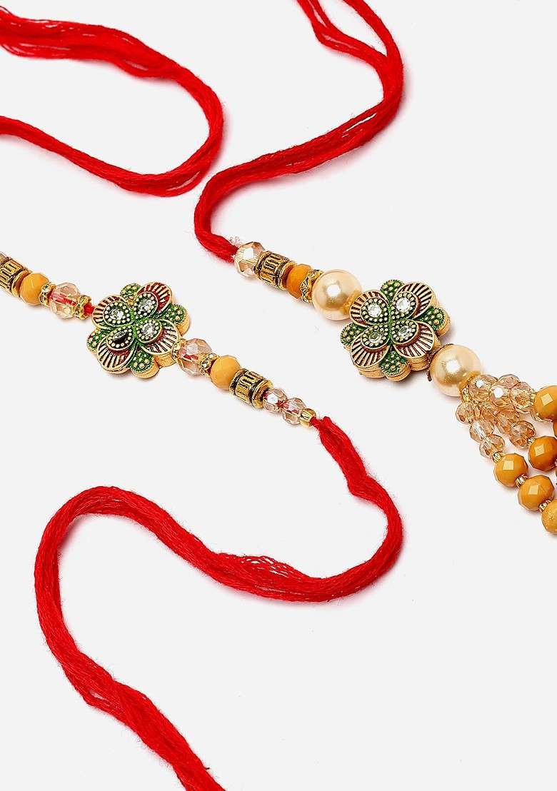 Set Of 2 Kundan Studded And Beaded Thread Rakhi With Roli Chawal - Indya