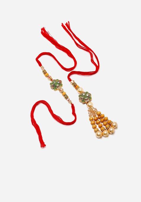Set Of 2 Kundan Studded And Beaded Thread Rakhi With Roli Chawal