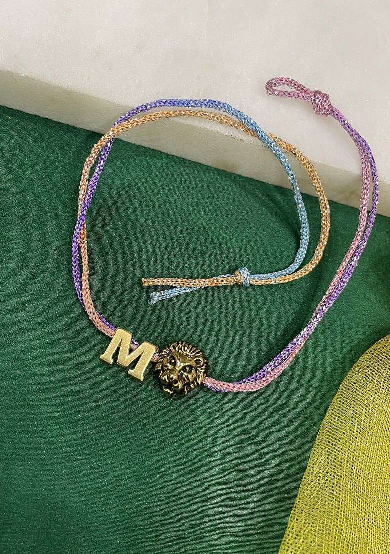 M Letter Lion Charm Thread Rakhi - Indya