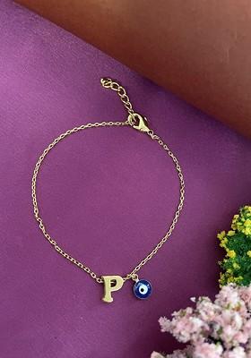 Gold Plated Evil Eye Charm P Initial Bracelet Rakhi