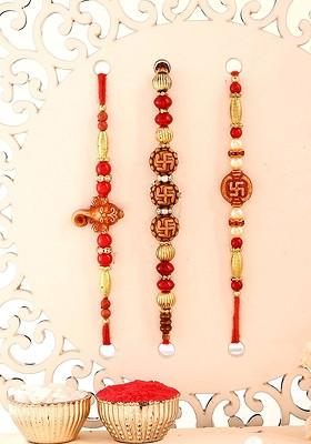 Set Of 3 Swastik Om And Ganesha Rakhi With Roli Chawal And Greeting Card