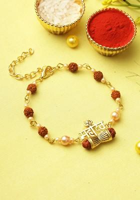 Brown Rudraksh And Pearl Beaded Bracelet Rakhi With Roli Chawal With Greeting Card