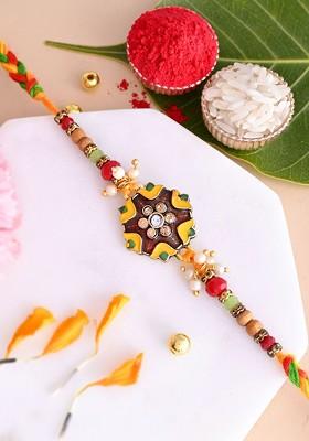 Green Stone Studded And Beaded Thread Rakhi With Roli Chawal With Greeting Card