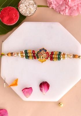 Green Stone Studded And Beaded Thread Rakhi With Roli Chawal With Greeting Card