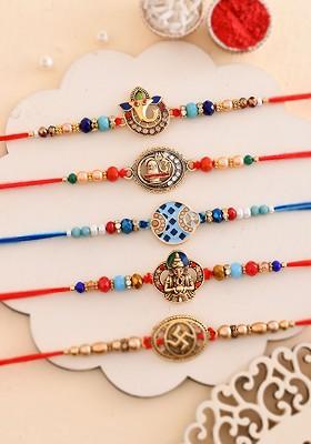 Set Of 5 Divine Beaded Thread Rakhi With Roli Chawal And Greetings Card