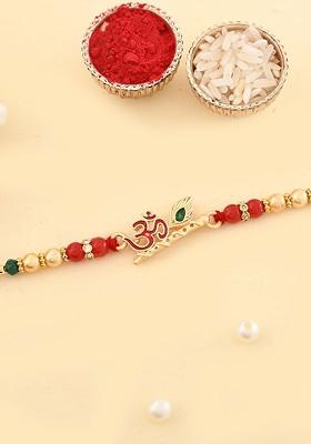 Divine Om And Flute Thread Rakhi With Roli Chawal And Greetings Card