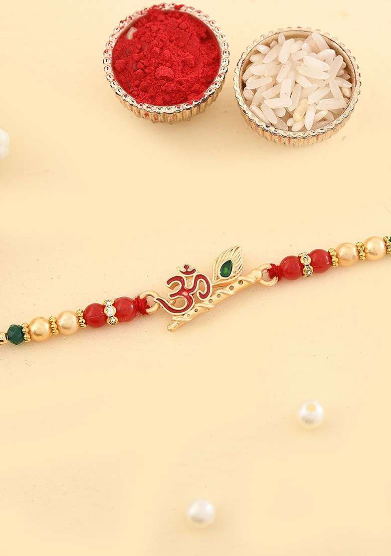 Divine Om And Flute Thread Rakhi With Roli Chawal And Greetings Card - Indya