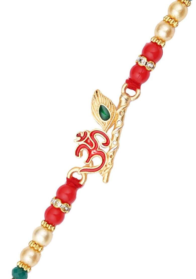 Divine Om And Flute Thread Rakhi With Roli Chawal And Greetings Card - Indya