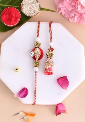 Red Stone Studded And Beaded Bhaiya Bhabhi Thread Rakhis With Roli Chawal