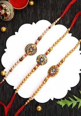 Set Of 3 Beaded Thread Rakhi With Roli Chawal And Greetings Card