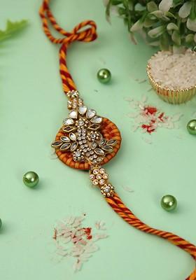 Kundan Studded Floral Thread Rakhi With Roli Chawal And Greetings Card