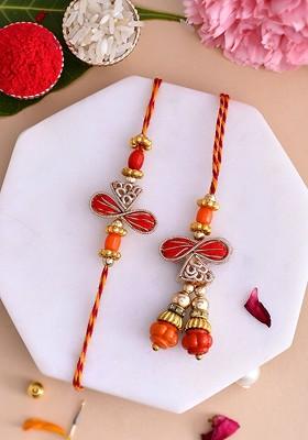 Red Beaded Bhaiya Bhabhi Thread Rakhis With Roli Chawal