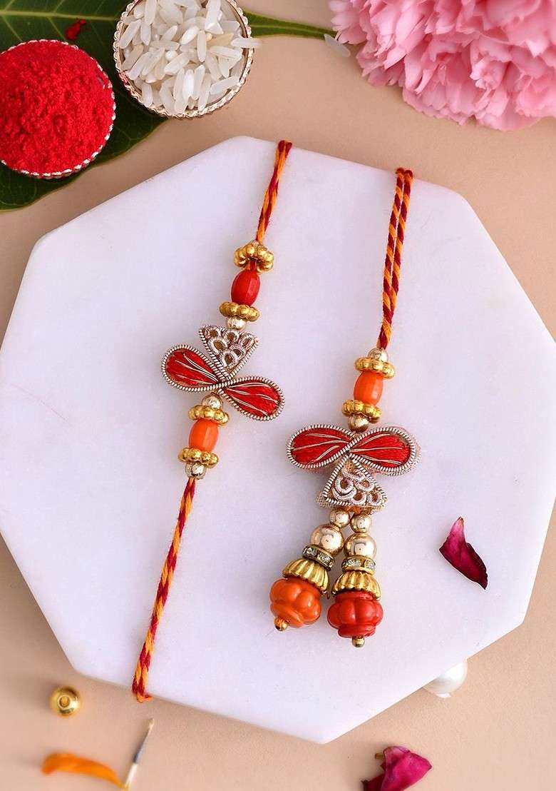 Red Beaded Bhaiya Bhabhi Thread Rakhis With Roli Chawal - Indya