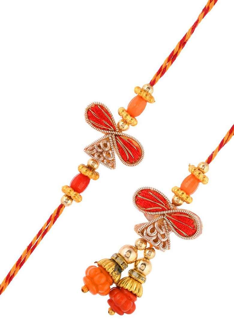 Red Beaded Bhaiya Bhabhi Thread Rakhis With Roli Chawal - Indya