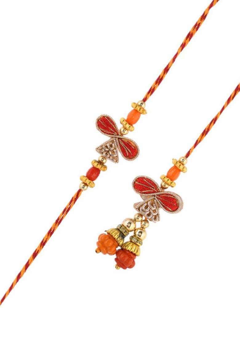 Red Beaded Bhaiya Bhabhi Thread Rakhis With Roli Chawal - Indya