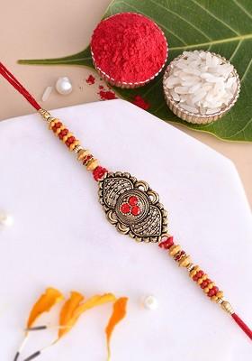 Beaded Thread Rakhi With Roli Chawal And Greetings Card