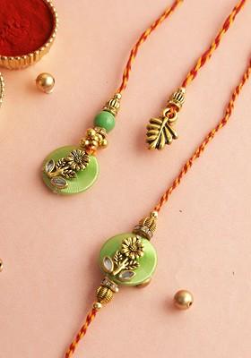 Floral Bhaiya Bhabhi Thread Rakhi With Roli Chawal And Greetings Card