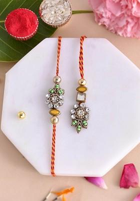 Kundan Studded Floral Bhaiya Bhabhi Thread Rakhi With Roli Chawal And Greetings Card