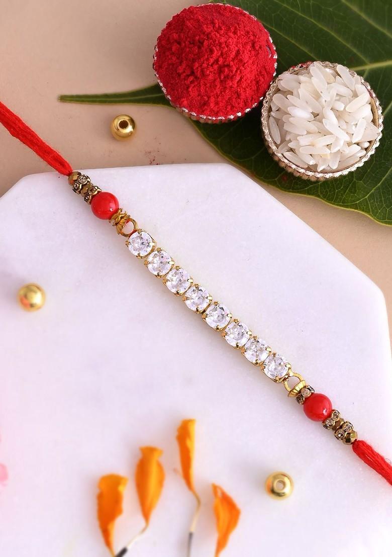 Ad Stone Studded Thread Rakhi With Roli Chawal And Greetings Card - Indya