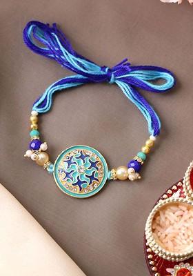 Gold Plated Stone Studded Thread Rakhi With Roli Chawal