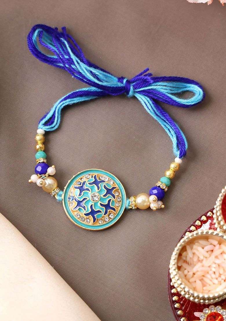 Gold Plated Stone Studded Thread Rakhi With Roli Chawal - Indya