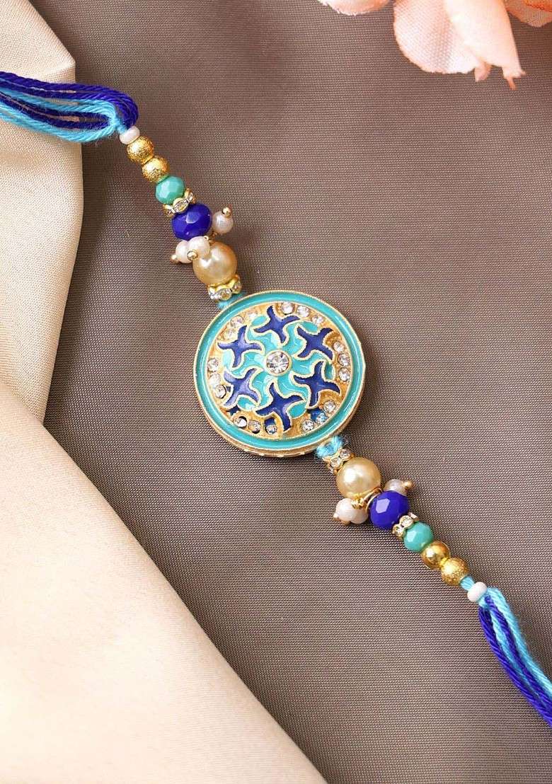 Gold Plated Stone Studded Thread Rakhi With Roli Chawal - Indya