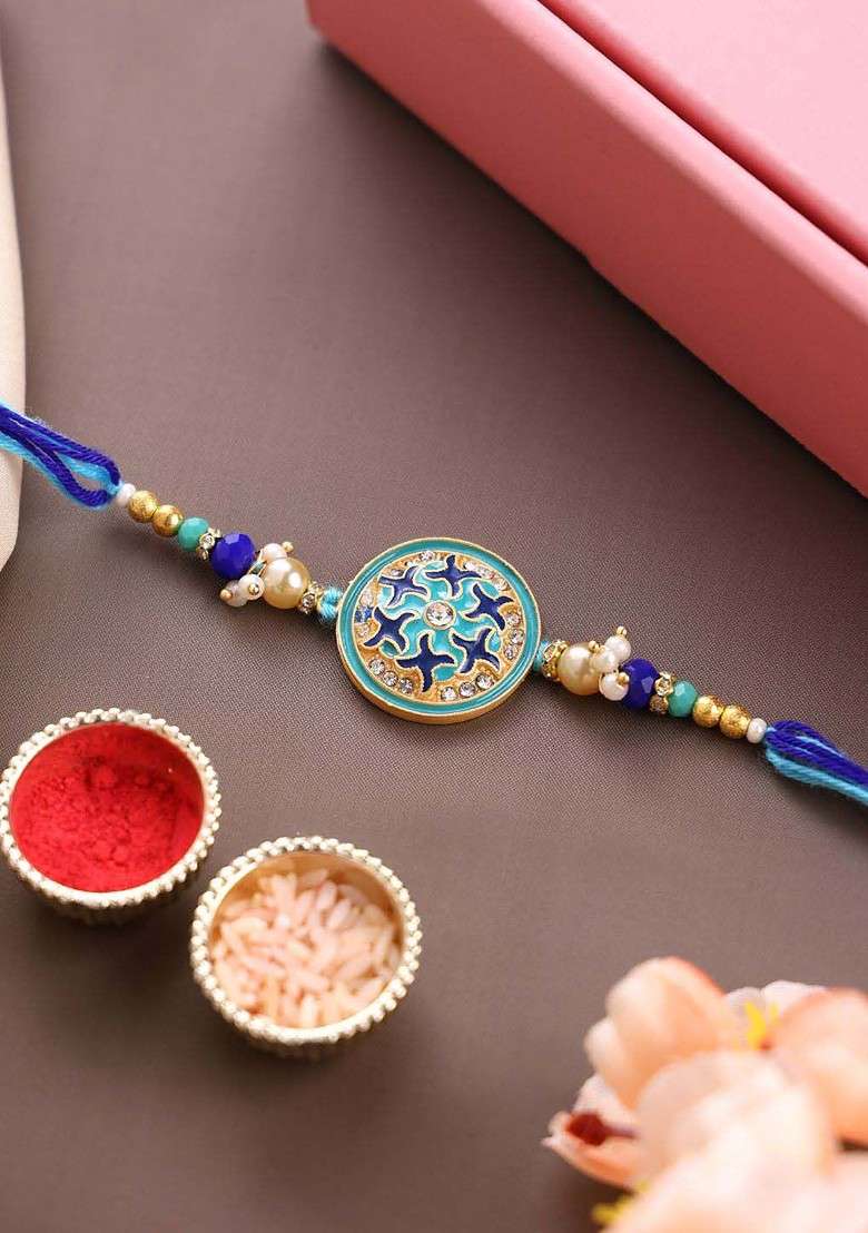 Gold Plated Stone Studded Thread Rakhi With Roli Chawal - Indya