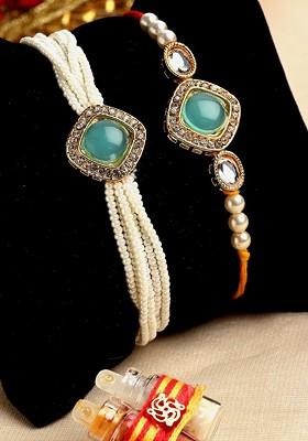 Set Of 2 Gold Plated Stone Studded And Beaded Rakhis With Roli Chawal