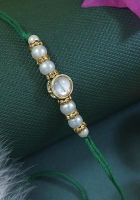 Kundan Studded Pearl Beaded Thread Rakhi With Roli Chawal And Rakshabandhan Card