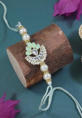 Kundan Studded Pearl Beaded Thread Rakhi With Roli Chawal And Rakshabandhan Card