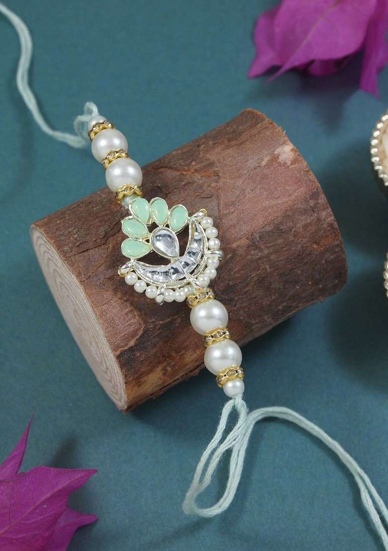 Kundan Studded Pearl Beaded Thread Rakhi With Roli Chawal And Rakshabandhan Card - Indya
