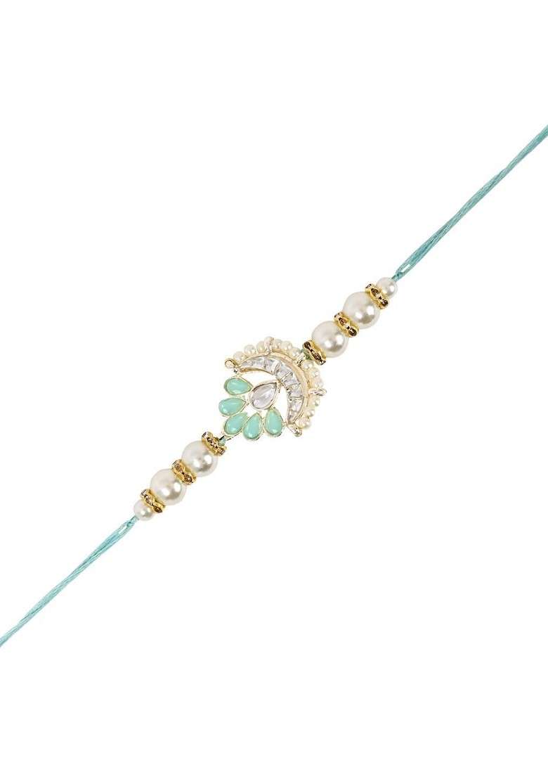 Kundan Studded Pearl Beaded Thread Rakhi With Roli Chawal And Rakshabandhan Card - Indya