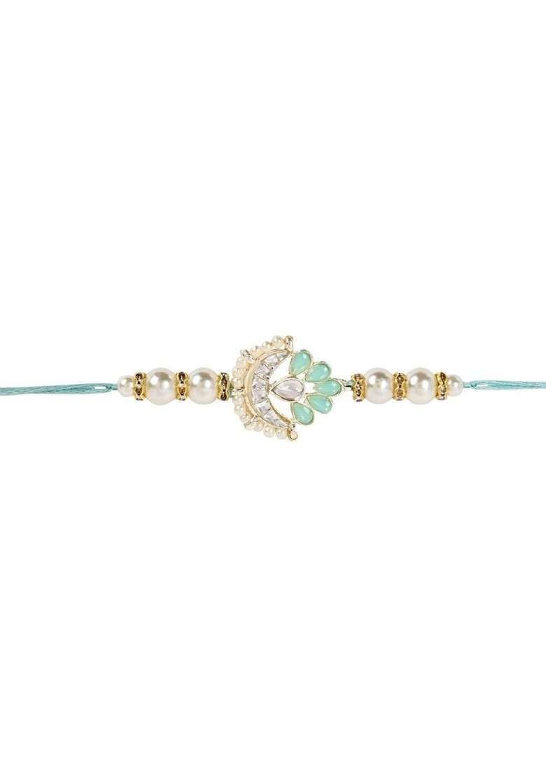 Kundan Studded Pearl Beaded Thread Rakhi With Roli Chawal And Rakshabandhan Card - Indya