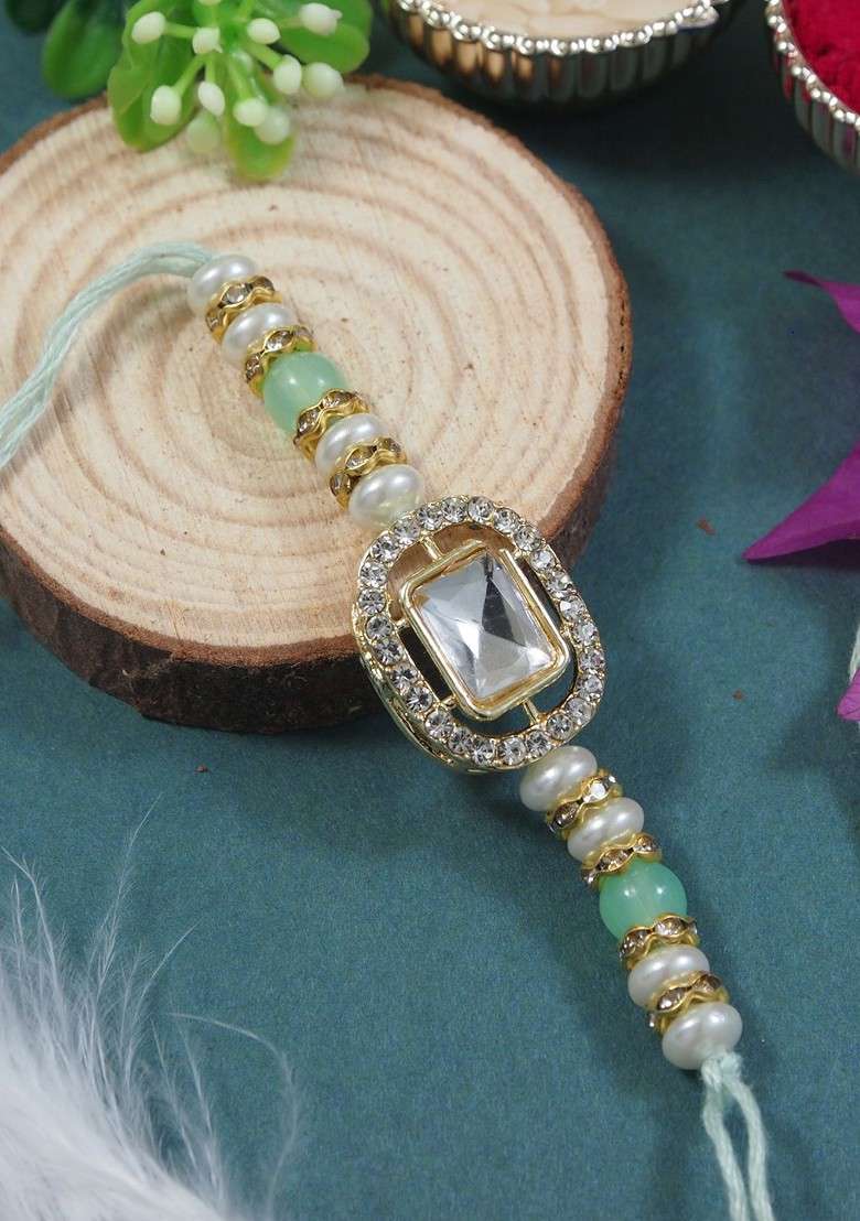 Kundan Studded Pearl Beaded Thread Rakhi With Roli Chawal And Rakshabandhan Card - Indya